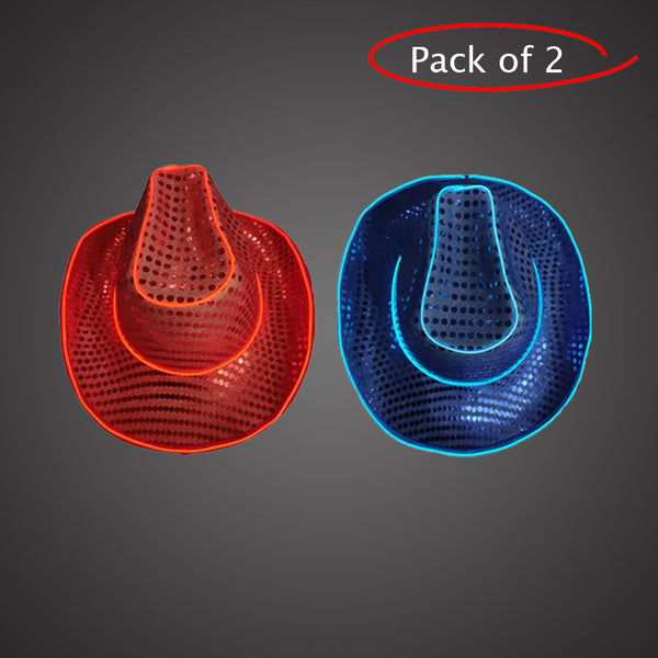 LED Light Up Flashing EL Wire Sequin Blue & Red Cowboy Party Hat - Pack of 2 Hats