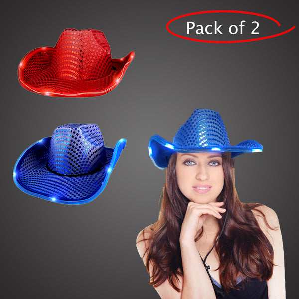 LED Light Up Flashing Sequin Blue & Red Cowboy Hat - Pack of 2 Hats