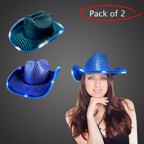 LED Light Up Flashing Sequin Blue & Teal Cowboy Hat - Pack of 2 Hats