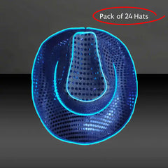 LED Flashing Neon EL Wire Blue Sequin Cowboy Party Hat - Pack of 24 Hats