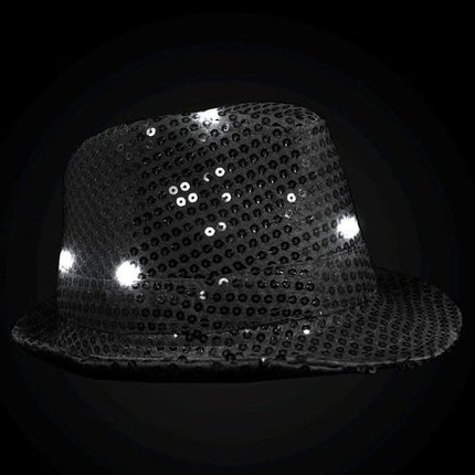 LED Light Up Flashing Black Fedora Hat with Sequins