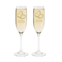 Personalized Custom Wedding Two Hearts Glass Champagne Flute Set
