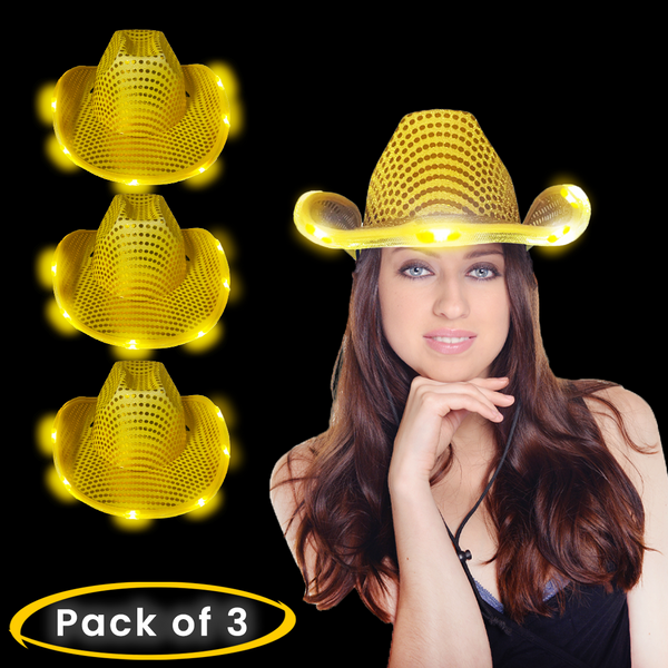 LED Light Up Flashing Sequin Gold Cowboy Hat - Pack of 3 Hats