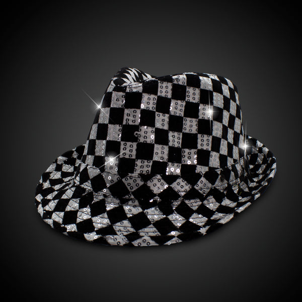 LED Light Up Flashing Fedora Hat with Checkered Sequins