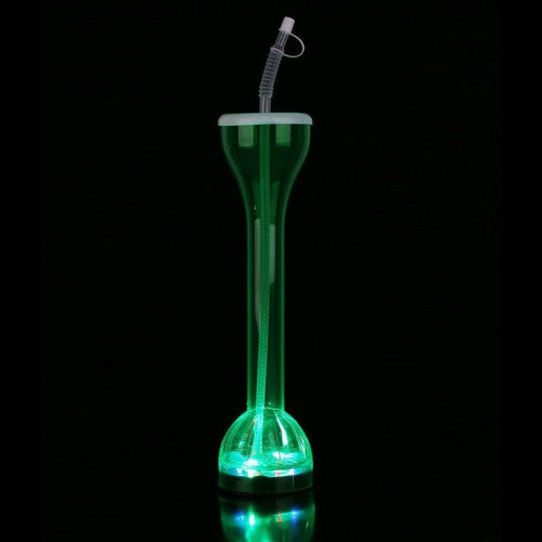 LED Light Up Flashing Green 17 Oz Yard Glass With Straw