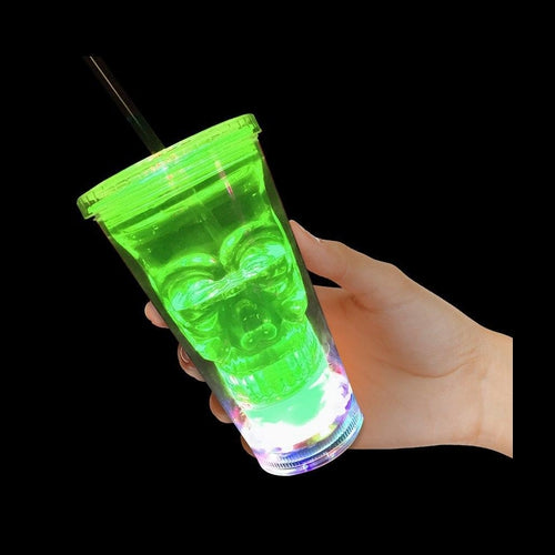 LED Light Up Green Flashing Double Walled Skull Tumbler With Lid And Straw