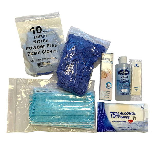 Personal Protection Travel Kit 10 Day Supply - With Nitrile Gloves, Disposable Face Masks, Digital Thermometer, Hand Sanitizer, Surface Wipes