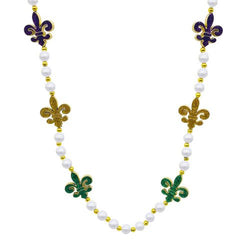 40" Mardi Gras Purple, Green And Gold Glitter Fleur De Lis Pearl Necklace