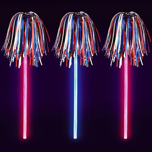 9 ¾” Red, White & Blue Pom Pom Glow Wands - Pack of 3