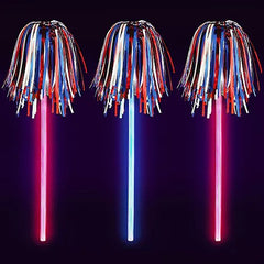 9 ¾” Red, White & Blue Pom Pom Glow Wands - Pack of 3