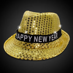 LED Light Up Flashing Happy New Year Gold Sequins Fedora Hat