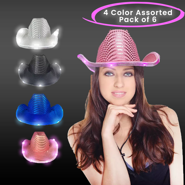 LED Light Up Flashing Sequin Cowboy Hats - 4 Colors Assorted Pack of 6 Hats