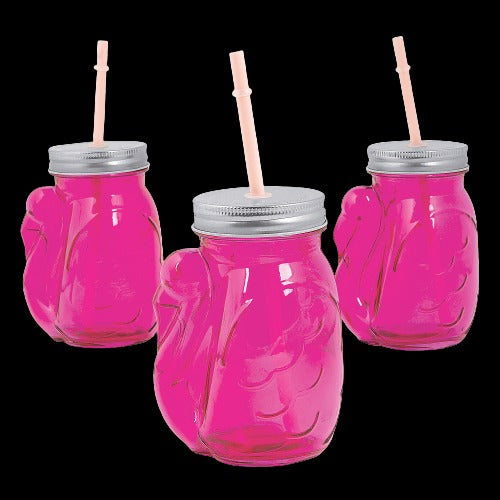 16 Oz Flamingo Jar Glasses with Lids & Straws