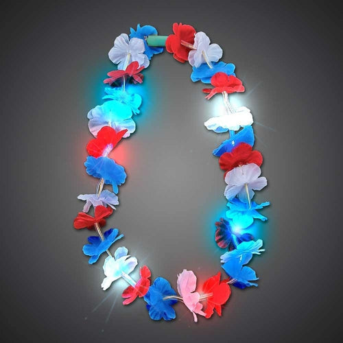 LED Light Up Flashing RWB Flower Lei Necklace