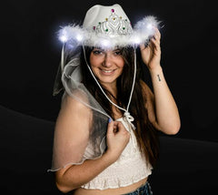 White LED Light Up Bridal Cowgirl Hat With Veil