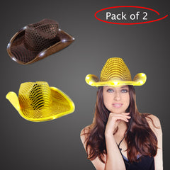 LED Light Up Flashing Sequin Gold & Brown Cowboy Hat - Pack of 2 Hats
