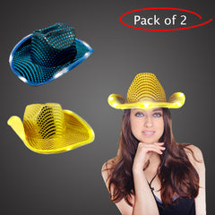 LED Light Up Flashing Sequin Gold & Teal Cowboy Hat - Pack of 2 Hats