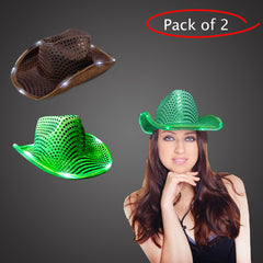 LED Light Up Flashing Sequin Green & Brown Cowboy Hat - Pack of 2 Hats