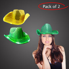 LED Light Up Flashing Sequin Green & Gold Cowboy Hat - Pack of 2 Hats