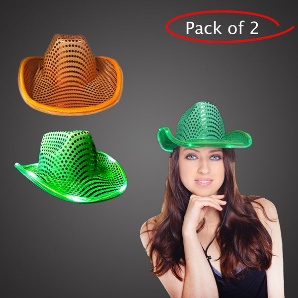 LED Light Up Flashing Sequin Green & Orange Cowboy Hat - Pack of 2 Hats