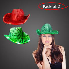 LED Light Up Flashing Sequin Green & Red Cowboy Hat - Pack of 2 Hats