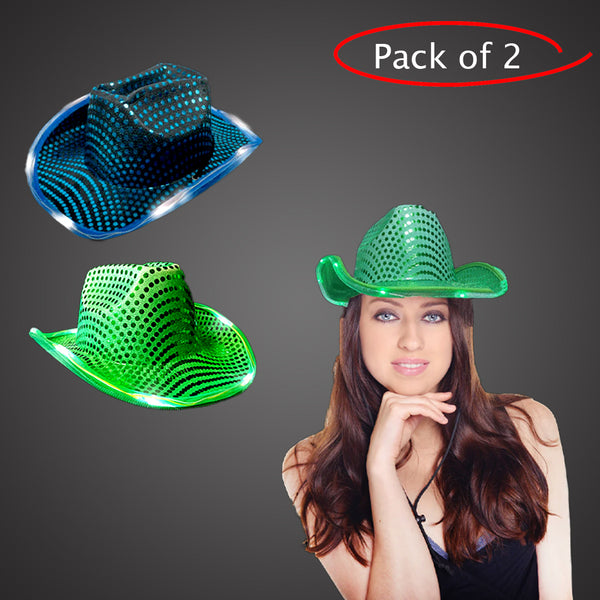 LED Light Up Flashing Sequin Green & Teal Cowboy Hat - Pack of 2 Hats