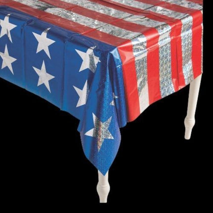 Patriotic Holographic Foil Tablecloth With American Flag Print | PartyGlowz