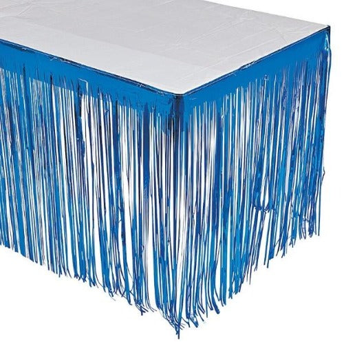 Metallic Blue Fringe Plastic Table Skirt