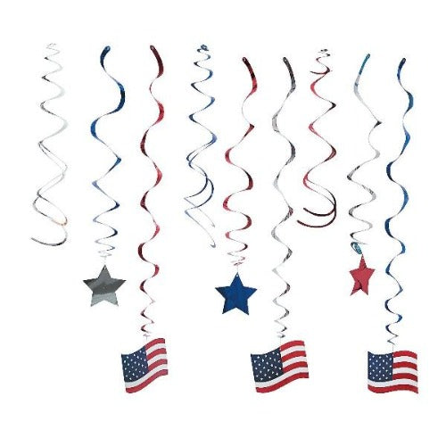Patriotic Hanging Swirl Decorations With Stars & Flags | PartyGlowz