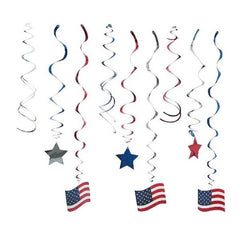 Patriotic Hanging Swirl Decorations With Stars & Flags