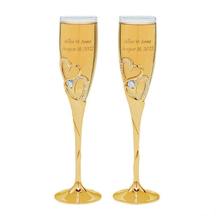 Gold Stacked Heart Premium Personalized Glass Wedding Flutes