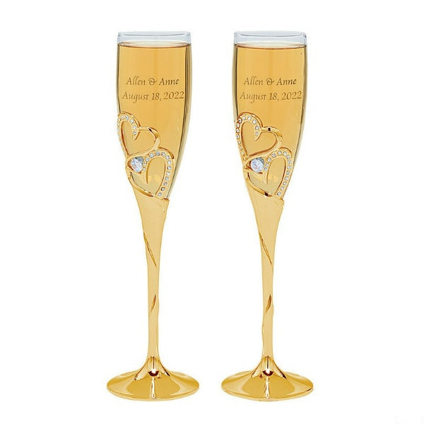 Gold Stacked Heart Premium Personalized Glass Wedding Flutes