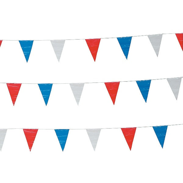 Patriotic Plastic Pennant Banner With Red, Blue & White Colors - 100 Feet