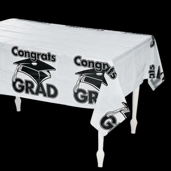 White Congrats Grad Plastic Tablecloth