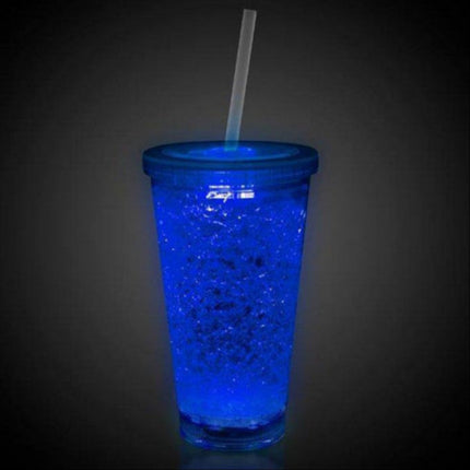 LED Light Up Blue 16 Oz Crystal Tumbler With Lid And Straw