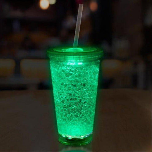 LED Light Up Green 16 Oz Crystal Tumbler With Lid And Straw