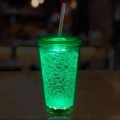 LED Light Up Green 16 Oz Crystal Tumbler With Lid And Straw