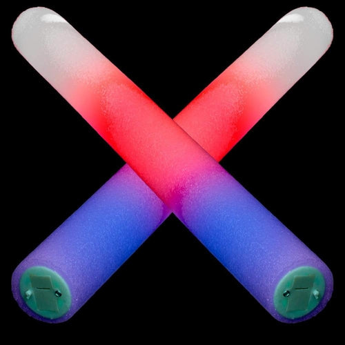 LED Light Up Tri-Color Red Blue White Foam Stick Batons - 3 Sticks