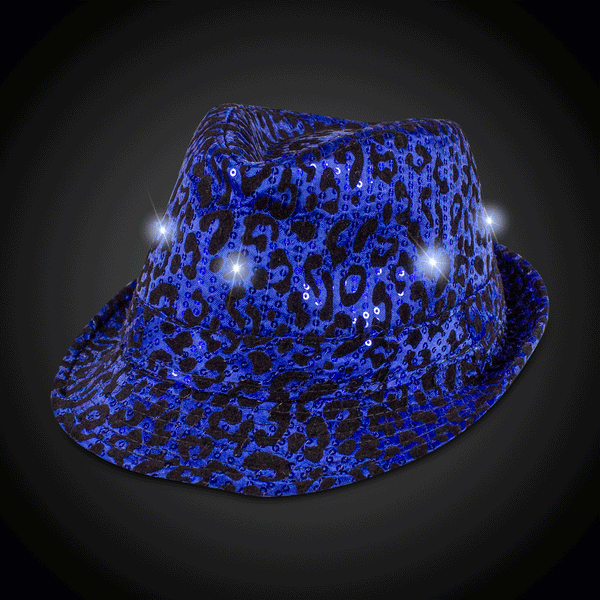 LED Light Up Flashing Blue Leopard Sequin Fedora Hat
