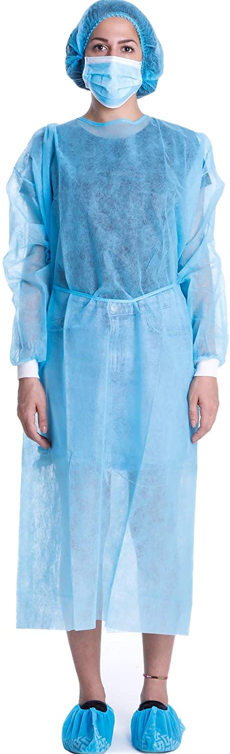 Level-1 Disposable Isolation Gowns With Long Sleeves & Knit Cuff- Blue-Pack of 10