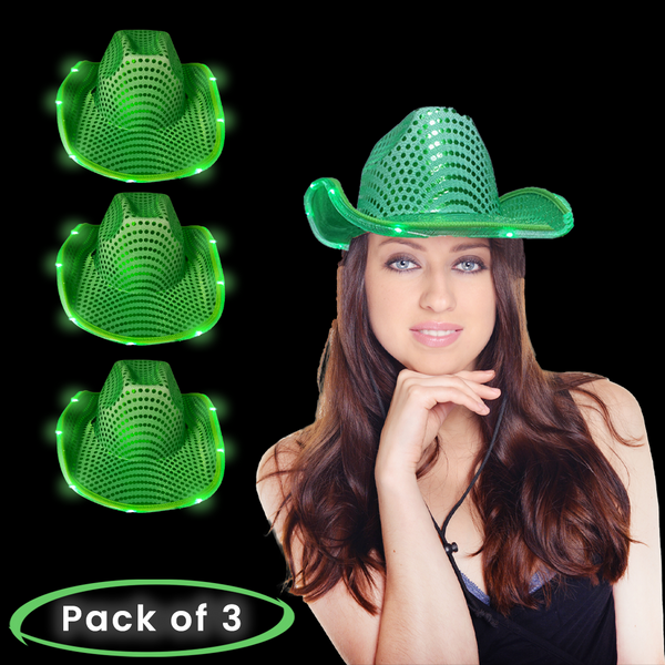 LED Light Up Flashing Sequin Green Cowboy Hat - Pack of 3 Hats