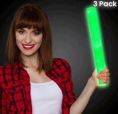LED Light Up 16 Inch Green Foam Stick Batons - Pack of 3 Sticks