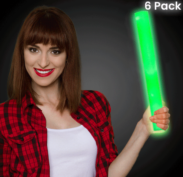 LED Light Up 18 Inch Green Foam Stick Batons - Pack of 6 Sticks