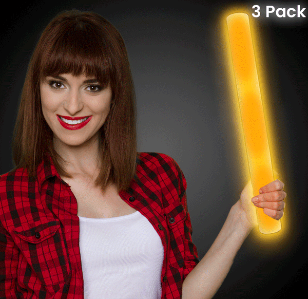 LED Light Up 18 Inch Yellow Foam Stick Batons - Pack of 3 Sticks
