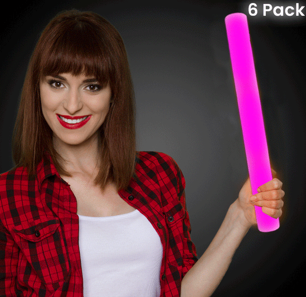 LED Light Up 16 Inch Pink Foam Stick Batons - Pack of 6 Sticks