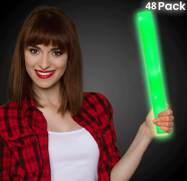 LED Light Up 16 Inch Green Foam Stick Batons - Pack of 48 Sticks