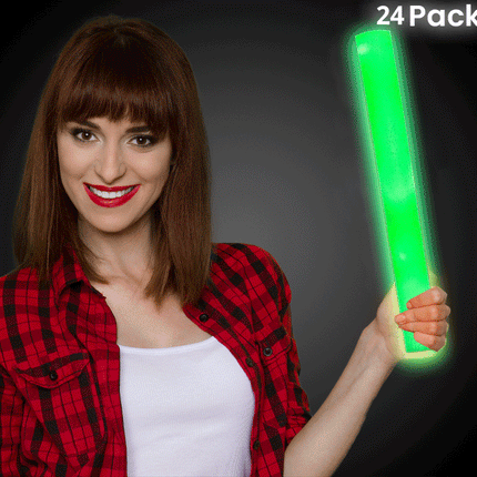 LED Light Up 16 Inch Green Foam Stick Batons - Pack of 24 Sticks