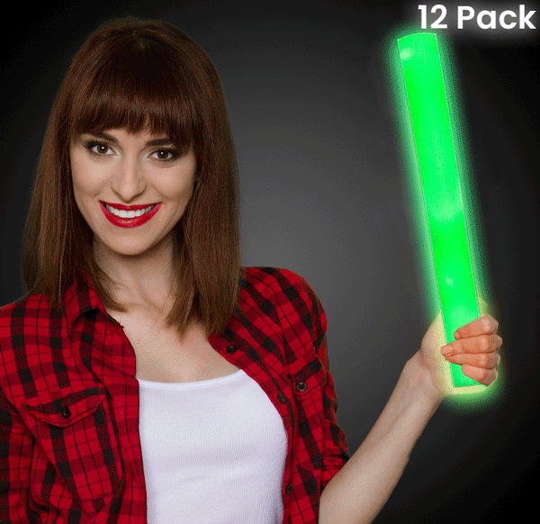 LED Light Up 18 Inch Green Foam Stick Batons - Pack of 12 Sticks