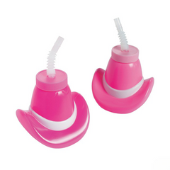 Molded Pink Cowgirl Hat Cups with Straws