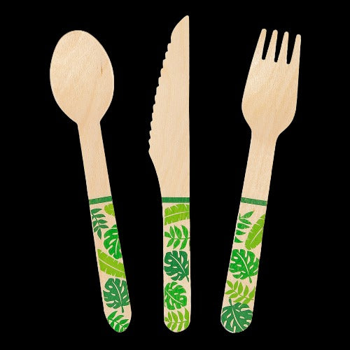 Wooden Cutlery Sets With Tropical Leaf Design Handle